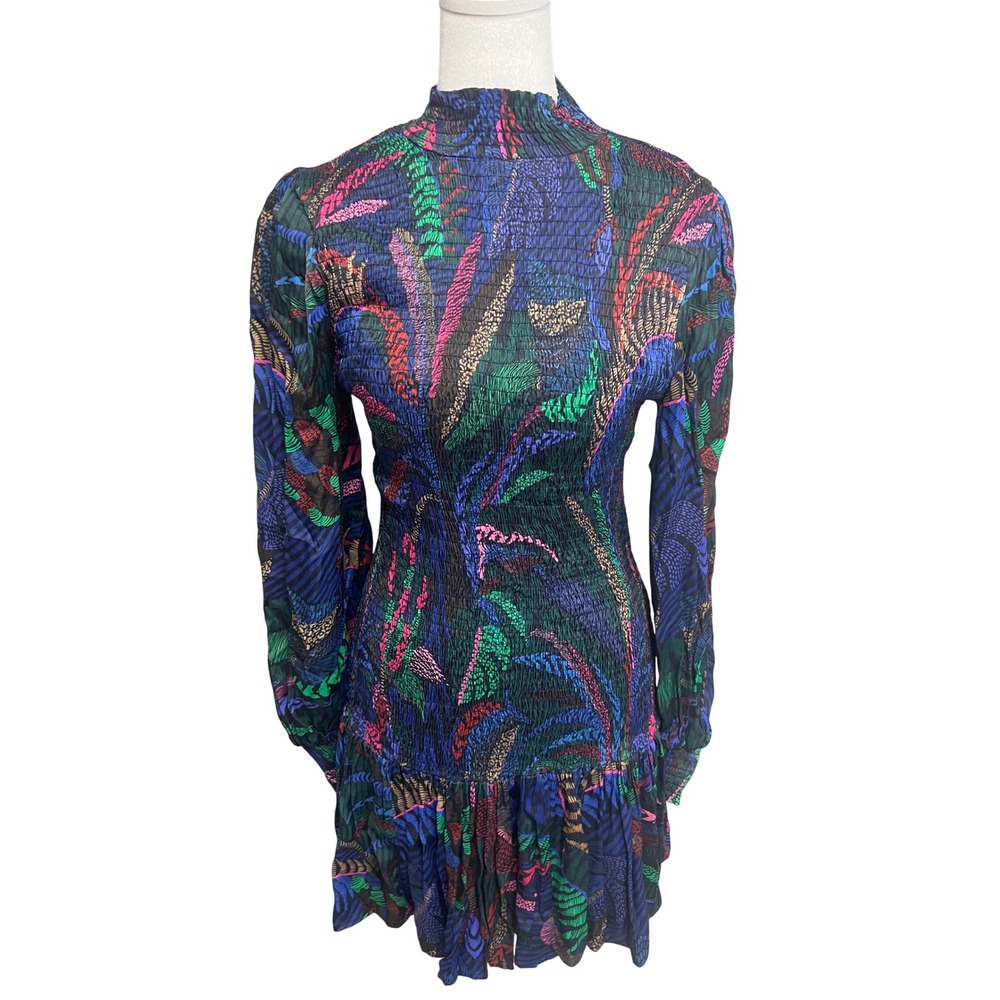 FARM Rio Dress XS Mini Smocked Tropical Leaf Long Sleeve Blue Boho Chic